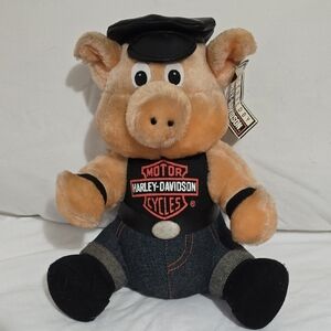 Vintage Harley-Davidson Tan Plush Pig with Black Biker Gear